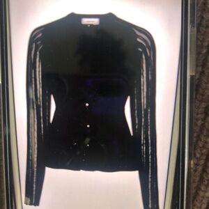 CARVEN black black striped long sleeve peplum cardigan. Size M. Sheer sleeves.